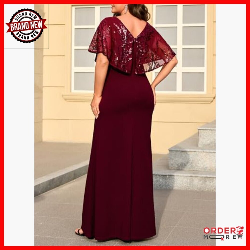 Plus Size Sequin Formal Evening Dress V-Neck Cape Sleeve Maxi - Picture 2 of 5